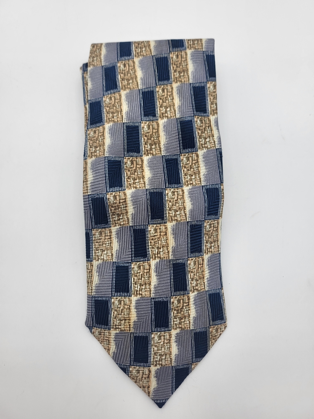 Checkerboard Pattern Silk Tie in Navy, Gray & Gold